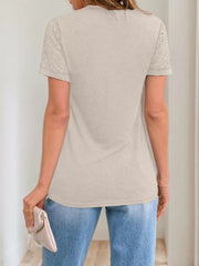 Solid Crochet Cutouts Round Neck Lace Sleeve T-shirt