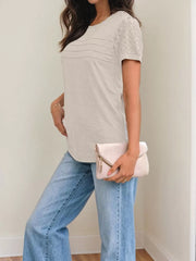 Solid Crochet Cutouts Round Neck Lace Sleeve T-shirt