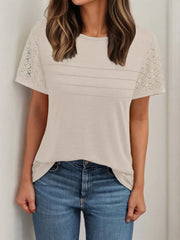 Solid Crochet Cutouts Round Neck Lace Sleeve T-shirt