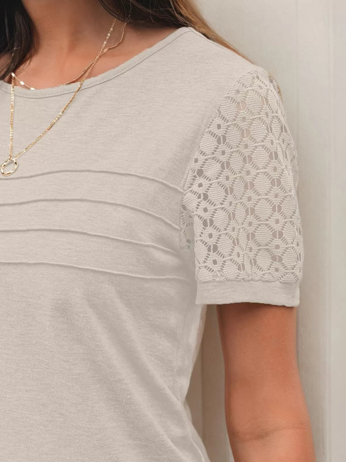 Solid Crochet Cutouts Round Neck Lace Sleeve T-shirt