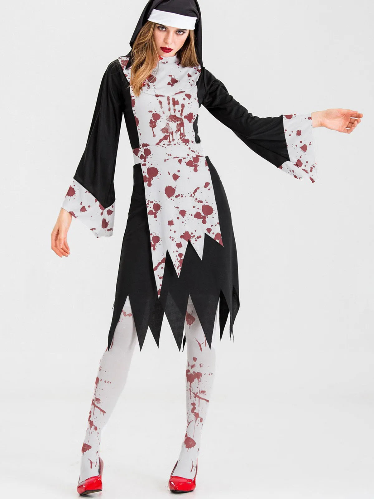 Solid Halloween Cosplay Vampire Zombie Bloody Nun Cut Out High Neck Tunic Dress, Includes headgear