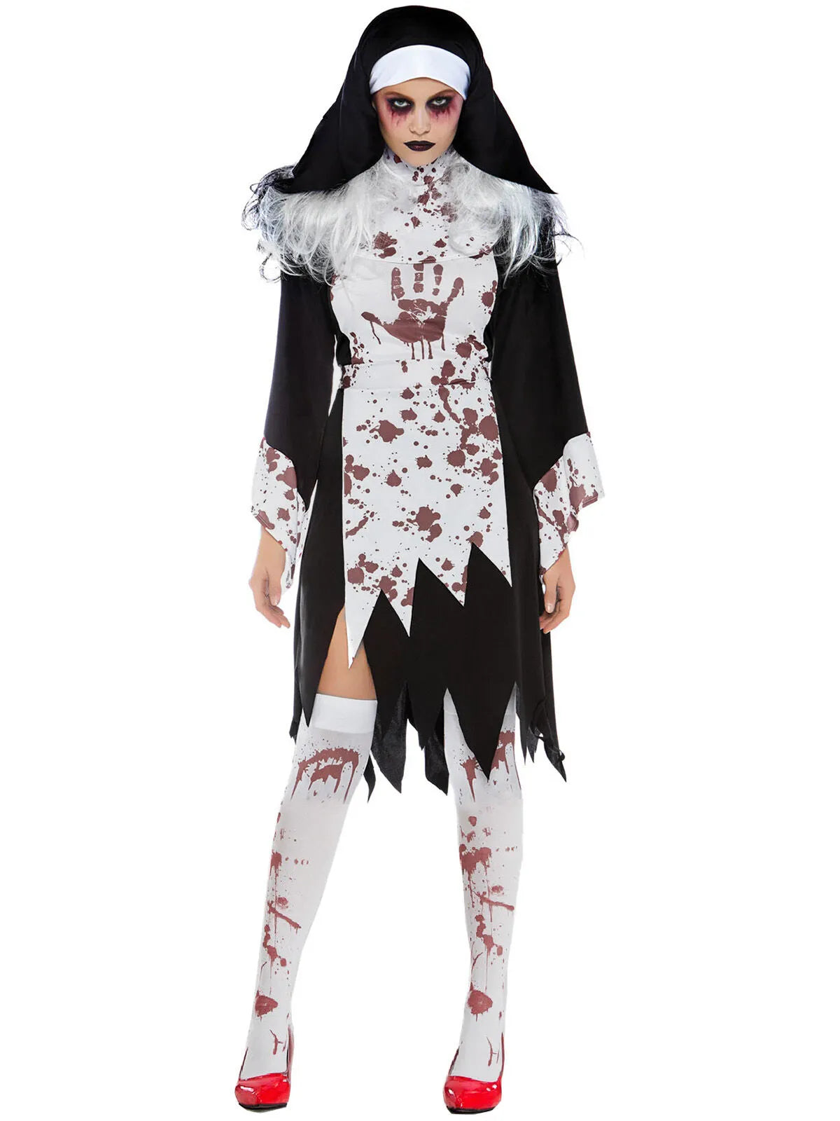 Solid Halloween Cosplay Vampire Zombie Bloody Nun Cut Out High Neck Tunic Dress, Includes headgear
