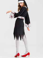 Solid Halloween Cosplay Vampire Zombie Bloody Nun Cut Out High Neck Tunic Dress, Includes headgear