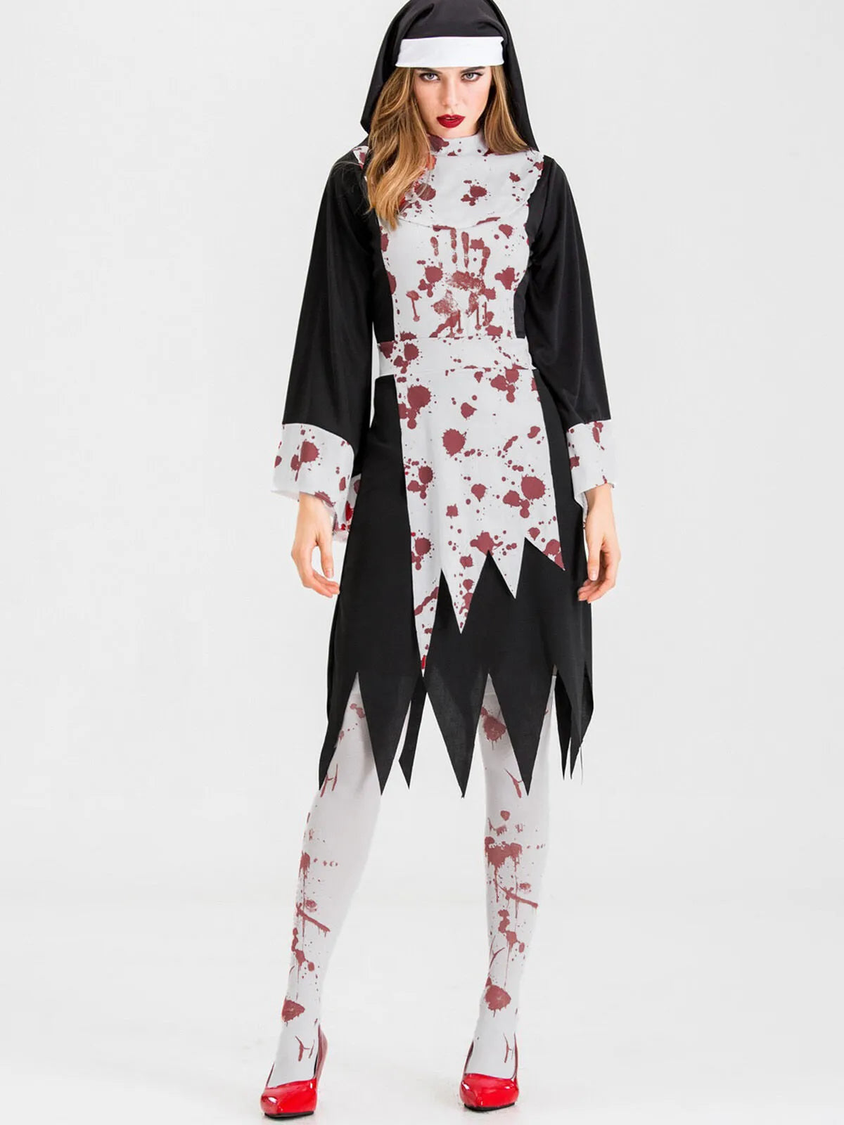 Solid Halloween Cosplay Vampire Zombie Bloody Nun Cut Out High Neck Tunic Dress, Includes headgear