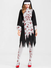 Solid Halloween Cosplay Vampire Zombie Bloody Nun Cut Out High Neck Tunic Dress, Includes headgear