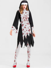 Solid Halloween Cosplay Vampire Zombie Bloody Nun Cut Out High Neck Tunic Dress, Includes headgear