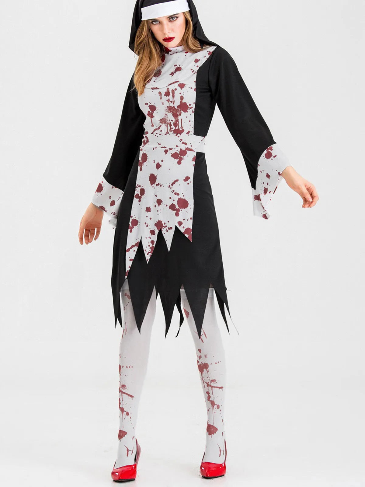 Solid Halloween Cosplay Vampire Zombie Bloody Nun Cut Out High Neck Tunic Dress, Includes headgear