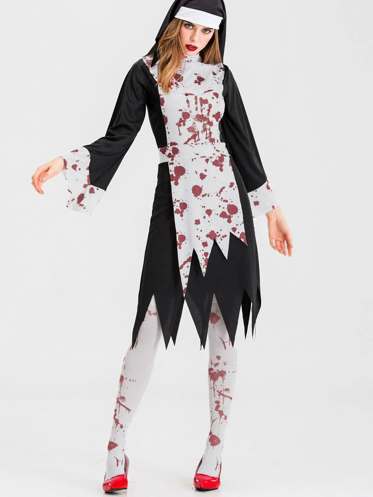 Solid Halloween Cosplay Vampire Zombie Bloody Nun Cut Out High Neck Tunic Dress, Includes headgear
