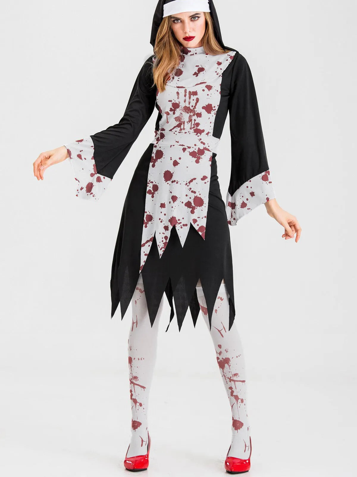 Solid Halloween Cosplay Vampire Zombie Bloody Nun Cut Out High Neck Tunic Dress, Includes headgear