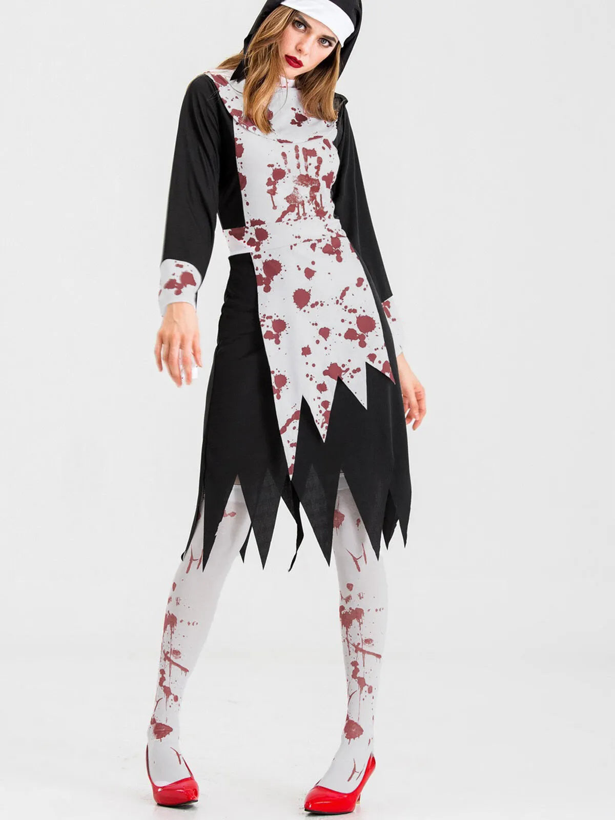 Solid Halloween Cosplay Vampire Zombie Bloody Nun Cut Out High Neck Tunic Dress, Includes headgear
