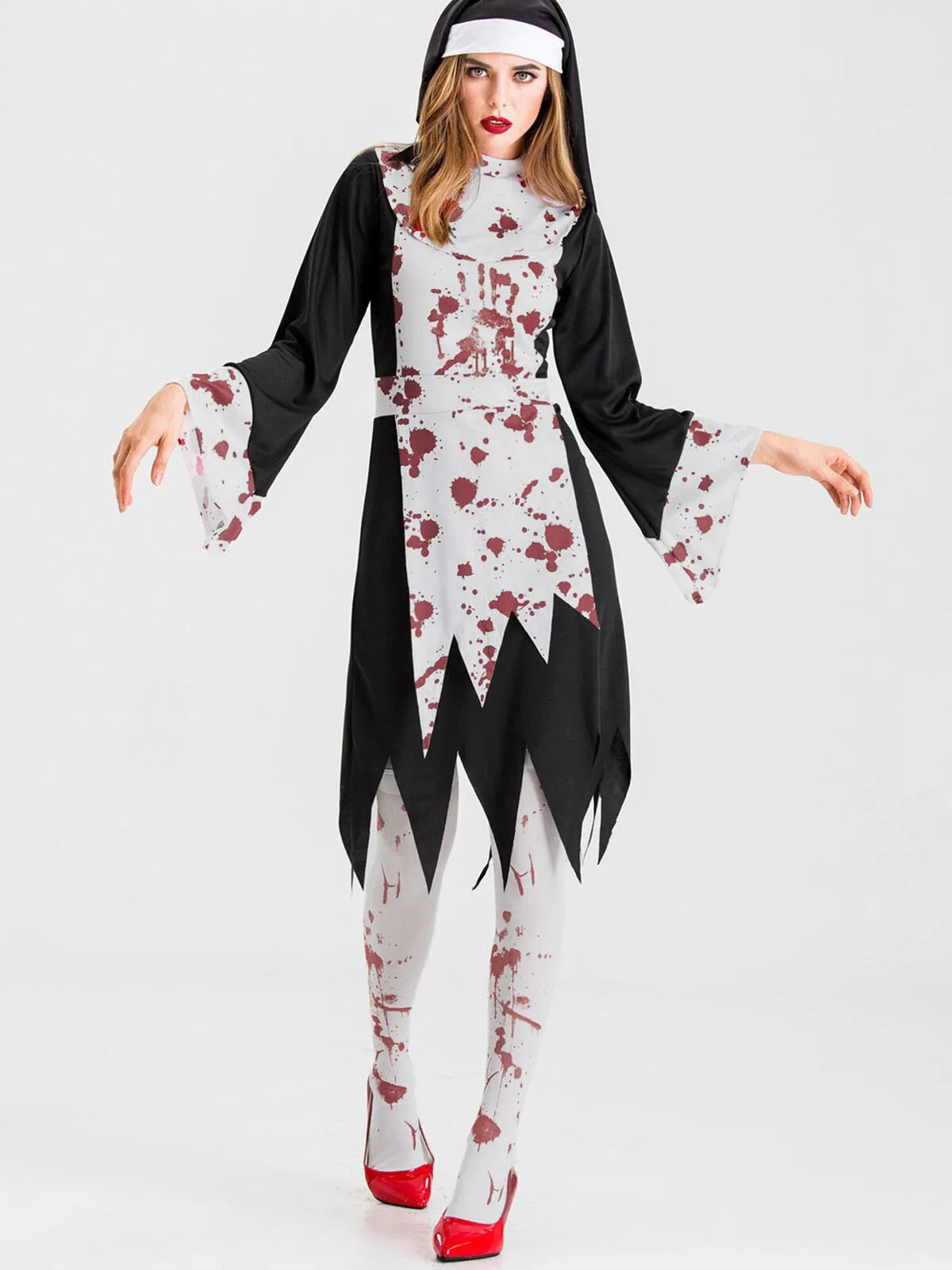 Solid Halloween Cosplay Vampire Zombie Bloody Nun Cut Out High Neck Tunic Dress, Includes headgear