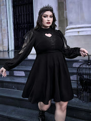 Solid Dark Style Halloween Hollow Out Round Neck Mesh Long Sleeve A-line Dress