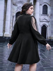 Solid Dark Style Halloween Hollow Out Round Neck Mesh Long Sleeve A-line Dress