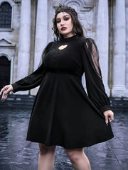 Solid Dark Style Halloween Hollow Out Round Neck Mesh Long Sleeve A-line Dress