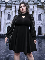 Solid Dark Style Halloween Hollow Out Round Neck Mesh Long Sleeve A-line Dress