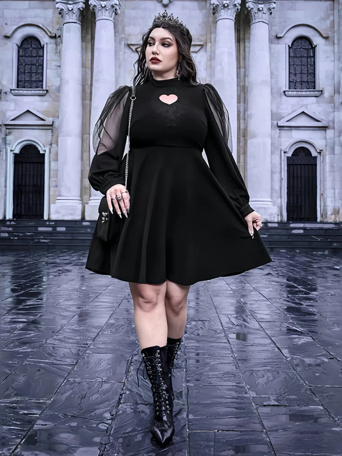 Solid Dark Style Halloween Hollow Out Round Neck Mesh Long Sleeve A-line Dress