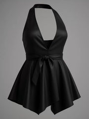 Solid Deep V Neck Sleeveless A-line Dress