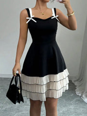 Solid Elegant Bow Suspender Tiered Dress
