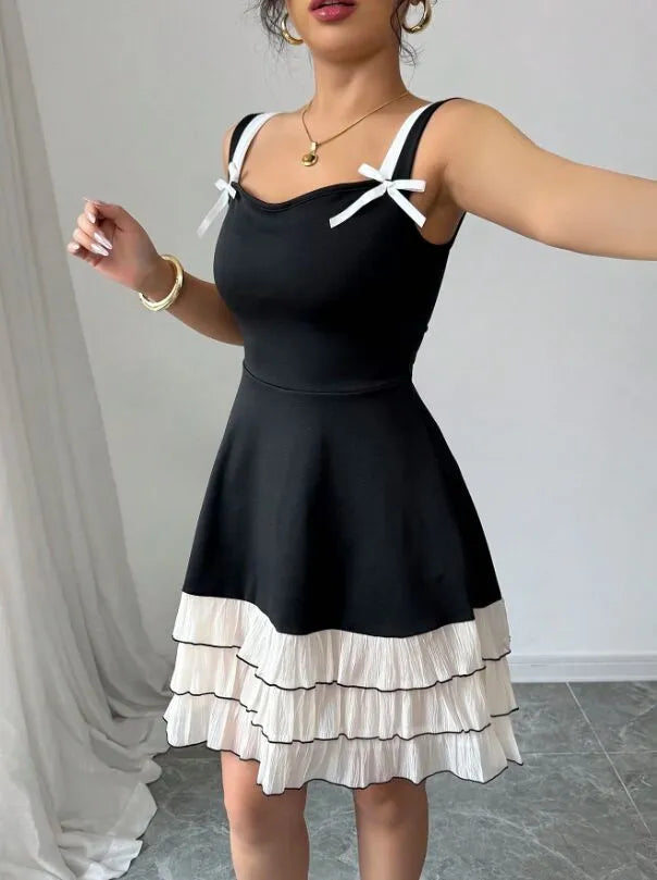 Solid Elegant Bow Suspender Tiered Dress