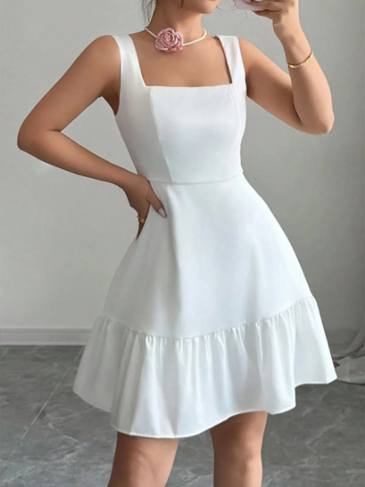 Solid Elegant Graduation Square Neck A-line Dress