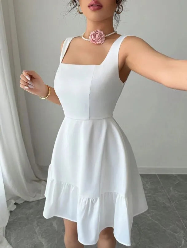 Solid Elegant Graduation Square Neck A-line Dress