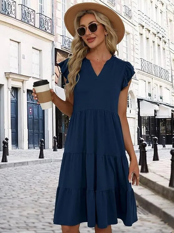 Solid Elegant Notched Flounce A-line Dress