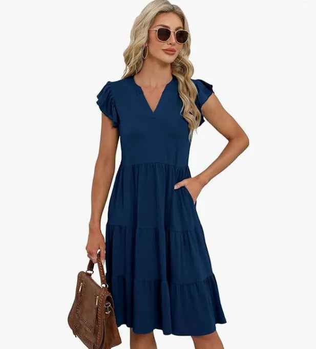 Solid Elegant Notched Flounce A-line Dress
