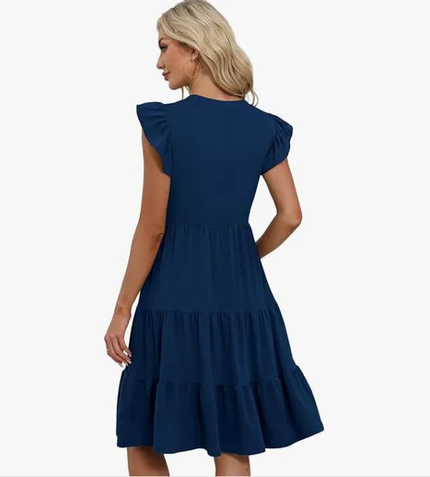 Solid Elegant Notched Flounce A-line Dress