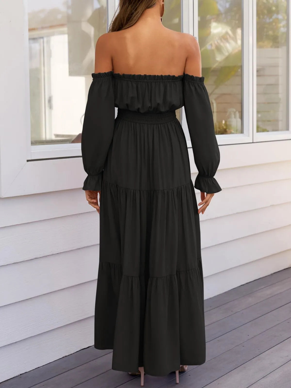 Solid Elegant Off Shoulder Long Sleeve Ruffles Lapel Split A-line Dress