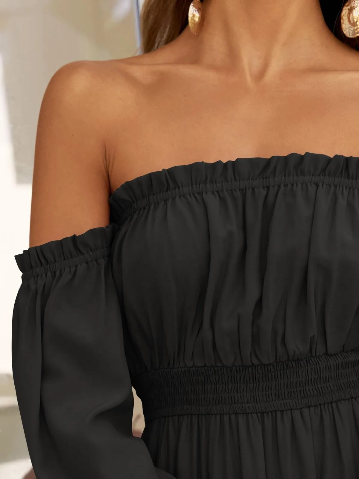 Solid Elegant Off Shoulder Long Sleeve Ruffles Lapel Split A-line Dress