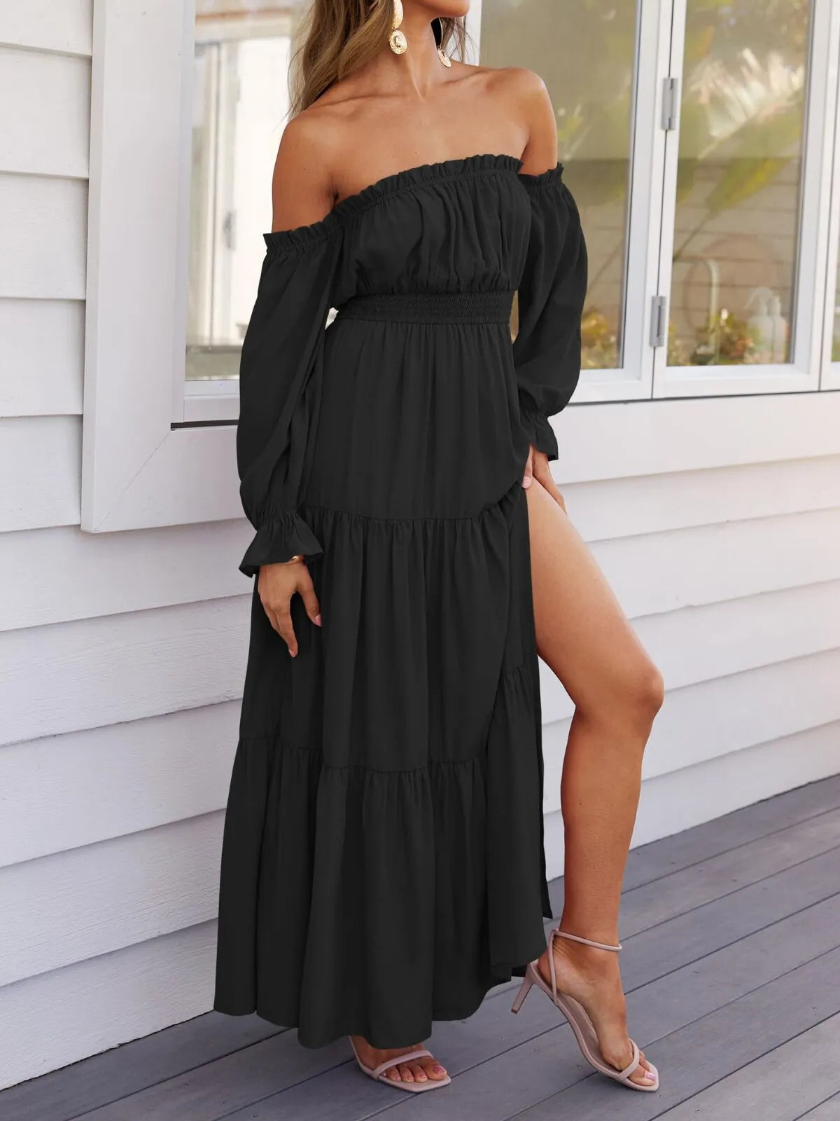 Solid Elegant Off Shoulder Long Sleeve Ruffles Lapel Split A-line Dress