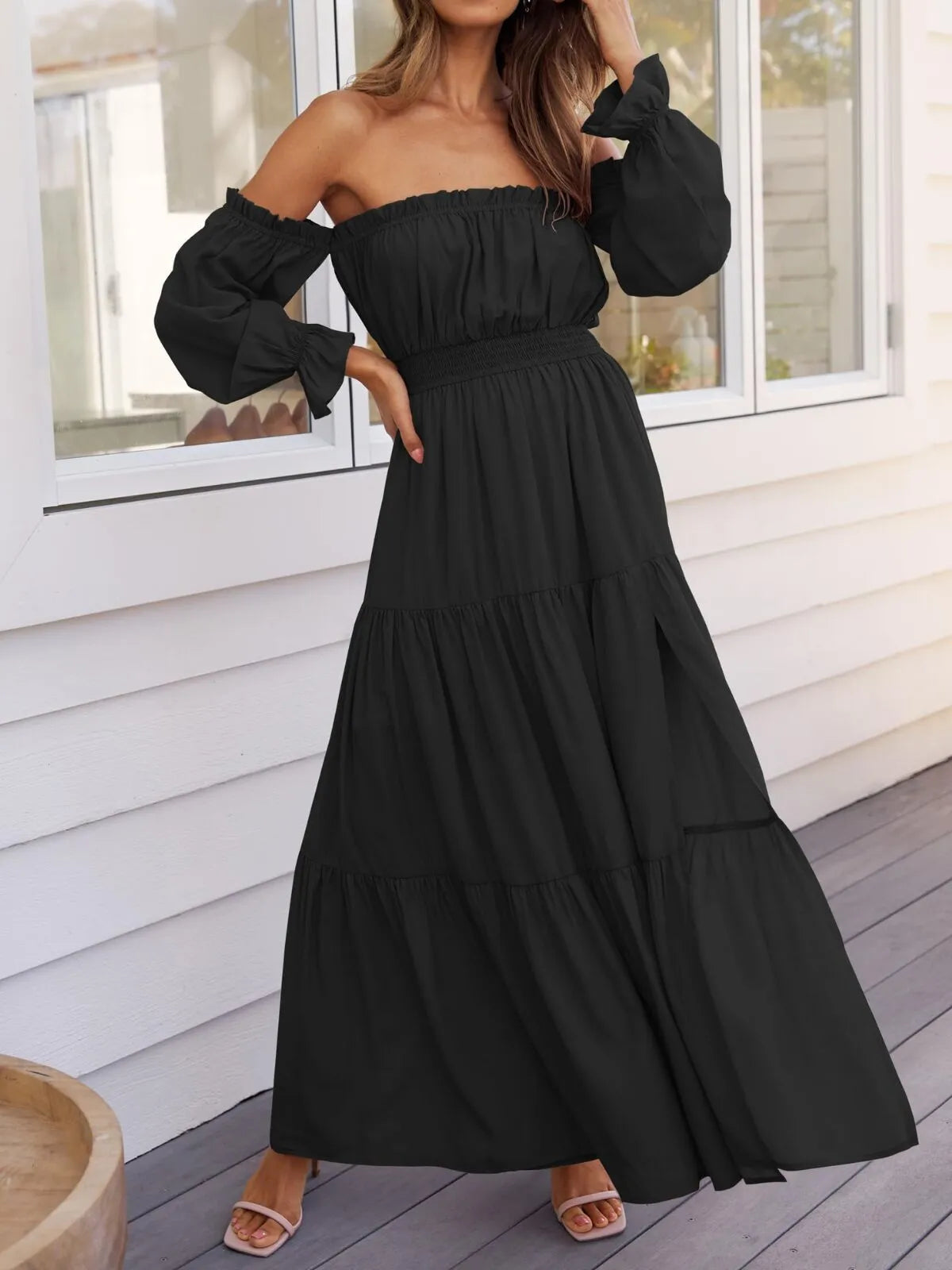 Solid Elegant Off Shoulder Long Sleeve Ruffles Lapel Split A-line Dress