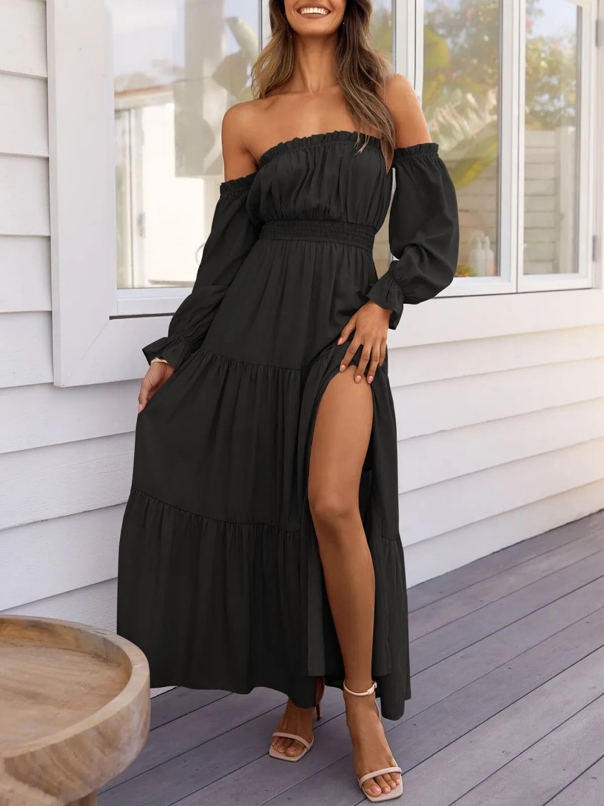 Solid Elegant Off Shoulder Long Sleeve Ruffles Lapel Split A-line Dress