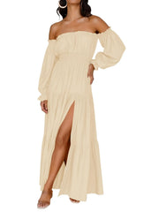 Solid Elegant Off Shoulder Long Sleeve Ruffles Lapel Split A-line Dress