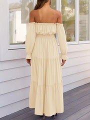 Solid Elegant Off Shoulder Long Sleeve Ruffles Lapel Split A-line Dress