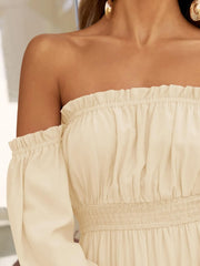 Solid Elegant Off Shoulder Long Sleeve Ruffles Lapel Split A-line Dress