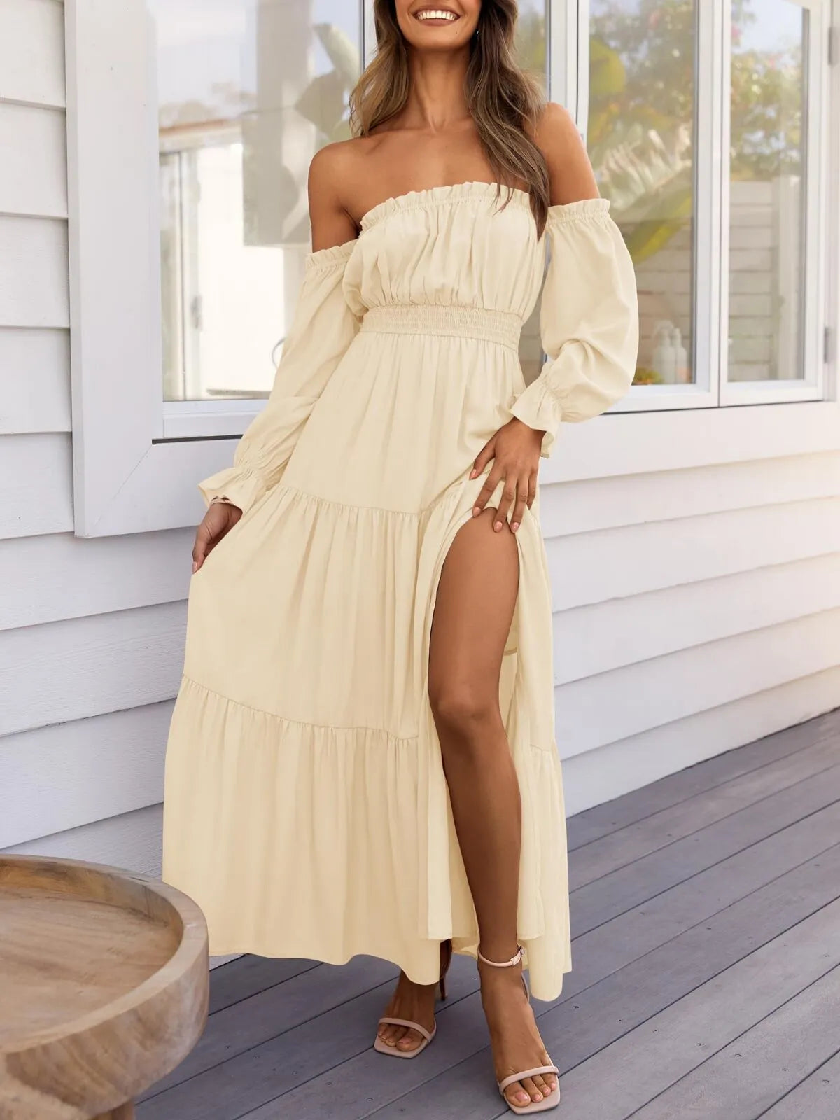 Solid Elegant Off Shoulder Long Sleeve Ruffles Lapel Split A-line Dress