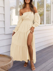 Solid Elegant Off Shoulder Long Sleeve Ruffles Lapel Split A-line Dress