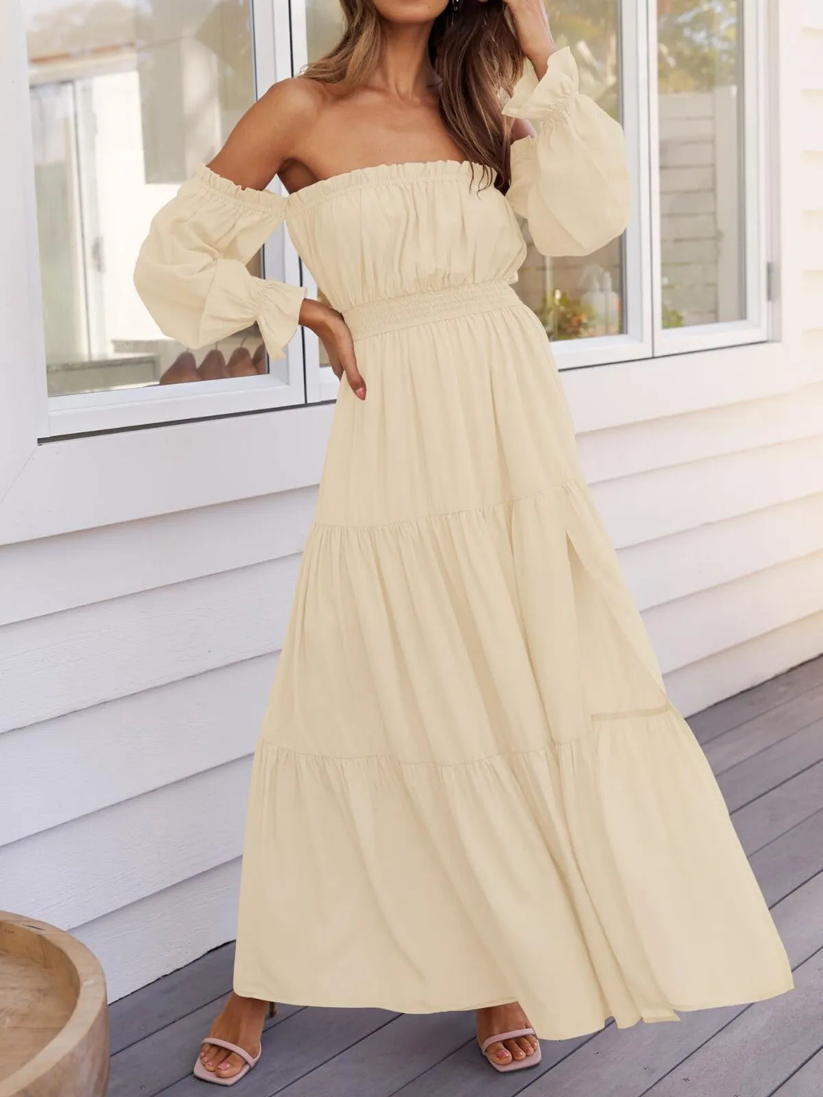 Solid Elegant Off Shoulder Long Sleeve Ruffles Lapel Split A-line Dress