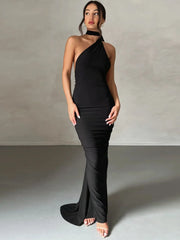 Solid Elegant Party Lace-up Asymmetric Collar Fitted Dress