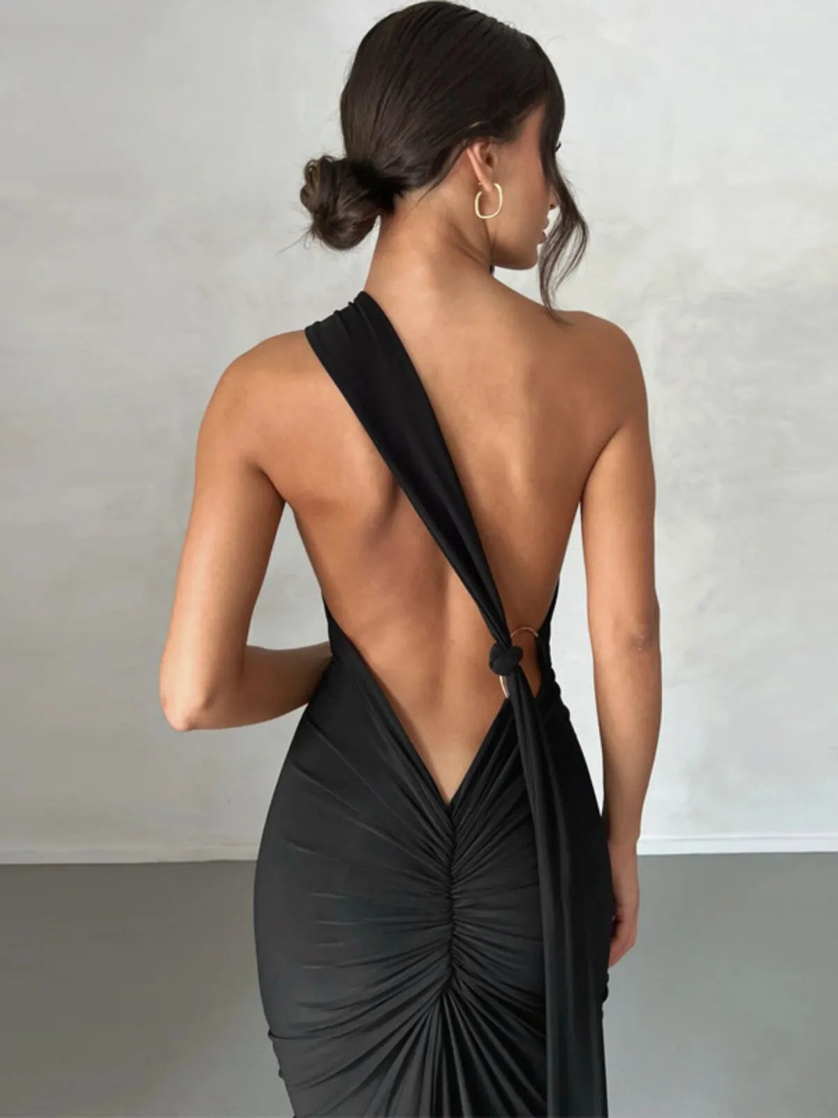 Solid Elegant Party Lace-up Asymmetric Collar Fitted Dress