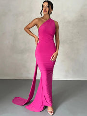 Solid Elegant Party Lace-up Asymmetric Collar Fitted Dress