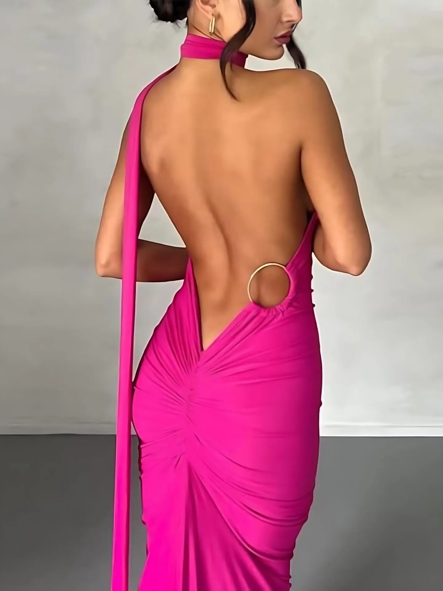 Solid Elegant Party Lace-up Asymmetric Collar Fitted Dress