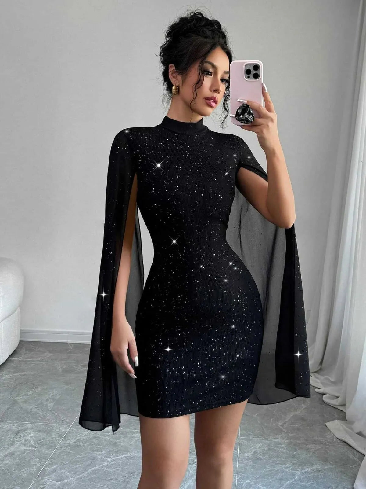 Solid Elegant Party Sequins High Neck Mock Cloak Fitted Dress