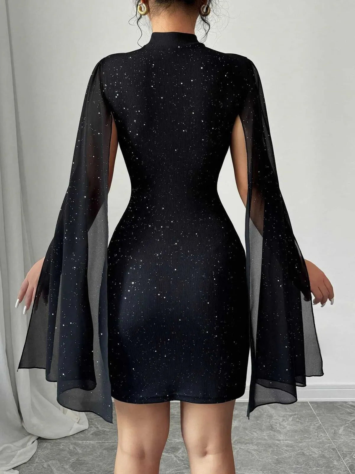 Solid Elegant Party Sequins High Neck Mock Cloak Fitted Dress