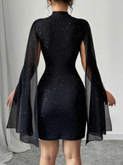 Solid Elegant Party Sequins High Neck Mock Cloak Fitted Dress