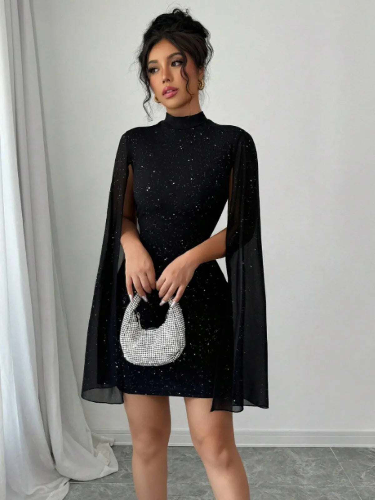 Solid Elegant Party Sequins High Neck Mock Cloak Fitted Dress