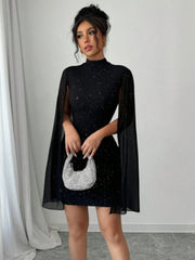 Solid Elegant Party Sequins High Neck Mock Cloak Fitted Dress