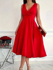 Solid Elegant Party V-neck A-line Dress