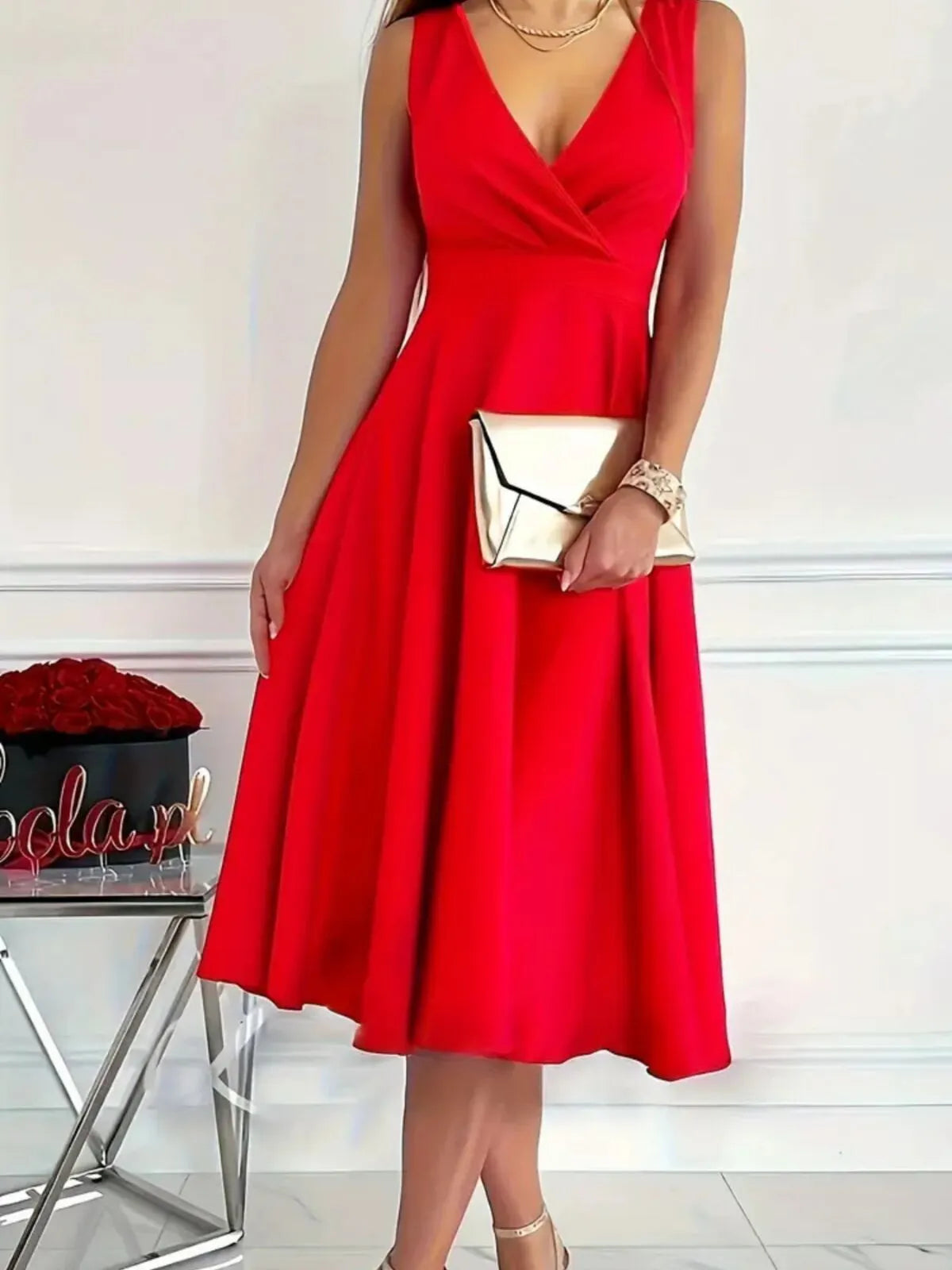 Solid Elegant Party V-neck A-line Dress